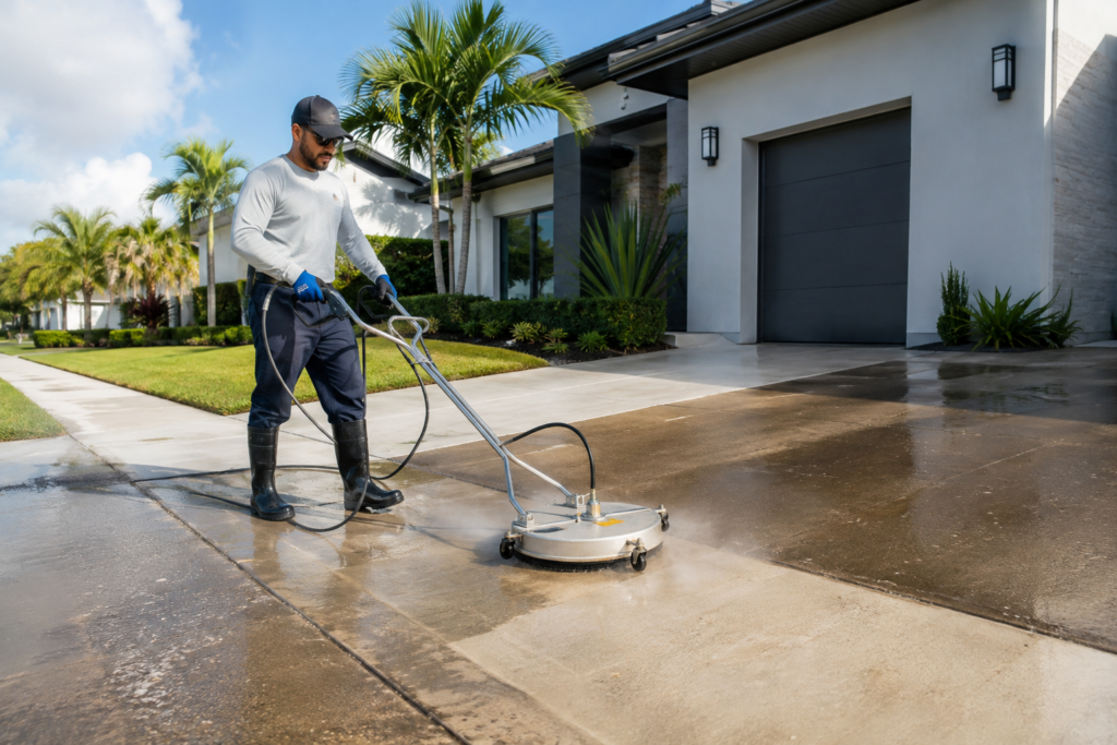 Pressure washing a driveway and sidewalk in Miami