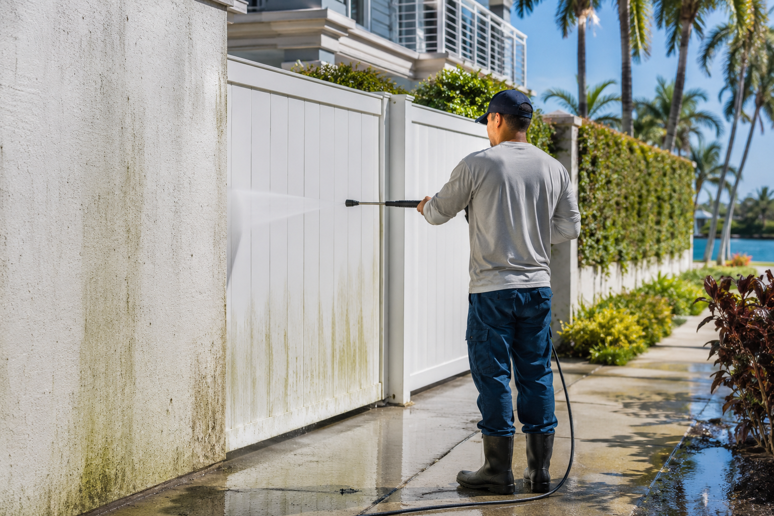 Pressure washing a fence and exterior wall