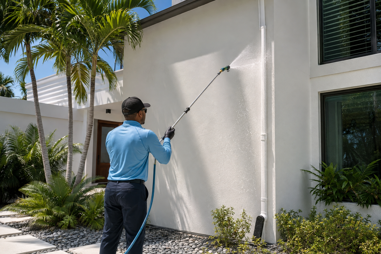 Soft washing a house exterior in Miami